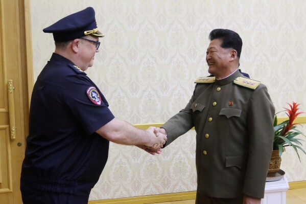 North Korean Public Security Minister Pang Tu Sop, right, meets with Russian Vice Interior Minister Vitaly Shulika at the Mansudae Assembly Hall in Pyongyang, North Korea Wednesday, May 28, 2025. (AP Photo/Jon Chol Jin)