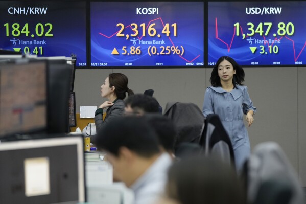 A currency trader passes by the screens showing the Korea Composite Stock Price Index (KOSPI), center, and the foreign exchange rate between U.S. dollar and South Korean won, right, at the foreign exchange dealing room of the KEB Hana Bank headquarters in Seoul, South Korea, Tuesday, Oct. 31, 2023. Asian shares were trading mostly lower Wednesday as investors looked ahead to a week that could see more swings in financial markets, including key reports on U.S. consumer confidence and the job market. (AP Photo/Ahn Young-joon)