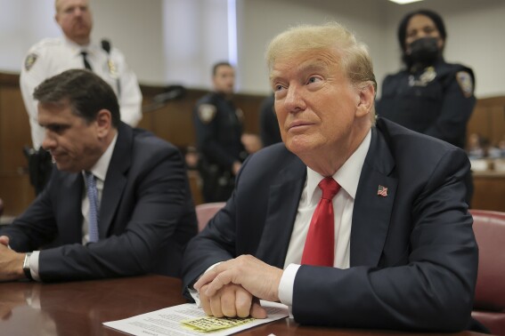 Former President Donald Trump appears at Manhattan criminal court before closing arguments in his criminal hush money trial in New York, Tuesday, May 28, 2024. (Andrew Kelly/Pool Photo via AP)