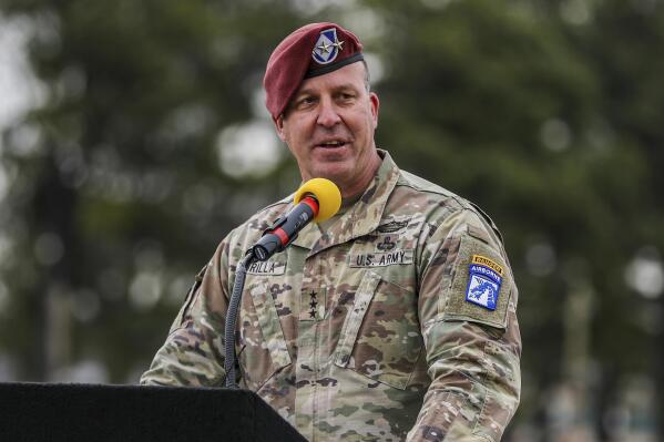 In this image provided by the U.S. Army, then-Lt. Gen. Michael "Erik" Kurilla, commander of the XVIII Airborne Corps, gives a speech at the 101st Airborne Division (Air Assault) change of command, March 5, 2021, at Fort Campbell, Ky. Kurilla, the top U.S. military commander for the Middle East, boarded a U.S. ballistic missile submarine in the Arabian Sea Wednesday, Oct. 19, 2022, a rare move that highlighted U.S. nuclear undersea capabilities during tense times with Iran and Russia. (Spc. Andrea Notter/U.S. Army via AP)