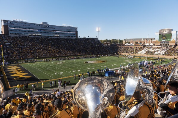 FILE - Memphis and Missouri play in an NCAA college football game Saturday, Oct. 20, 2018, at Memorial Stadium in Columbia, Mo. The university is planning a $250 million renovation of the stadium. The Memorial Stadium Improvements Project, expected to be completed by the 2026 season, will further enclose the north end of the stadium and add a variety of new premium seating options. (AP Photo/L.G. Patterson, File)