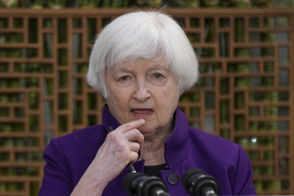 U.S. Treasury Secretary Janet Yellen attends a press conference in Beijing, China, Monday, April 8, 2024. Ever since she ate mushrooms that can have psychedelic effects in Beijing last July, Americans and Chinese have been united in their interest in what Janet Yellen will eat next. (Ǻ Photo/Tatan Syuflana)