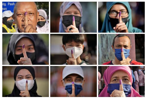 This combination of photos shows people with inked fingers to mark that they have voted during the national election in Seberang Perai, Penang state, Malaysia, Saturday, Nov. 19, 2022. Malaysians began casting ballots Saturday in a tightly contested election that will determine whether the country's longest-ruling coalition can make a comeback after its electoral defeat four years ago. (AP Photo/Vincent Thian)