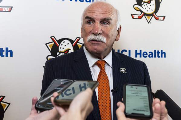 Joel Quenneville talks to the media after he was introduced as the new coach of the Anaheim Ducks during an NHL hockey press conference in Anaheim, Calif., Thursday, May 8, 2025. (Paul Bersebach/The Orange County Register via AP)