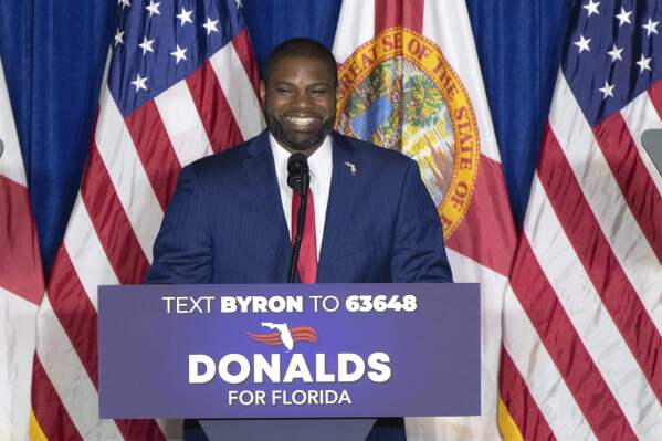 Gubernatorial candidate U.S. Rep. Byron Donalds speaks during his kickoff campaign, Friday, March 28, 2025, in Bonita Springs, Fla. (AP Photo/Chris Tilley)