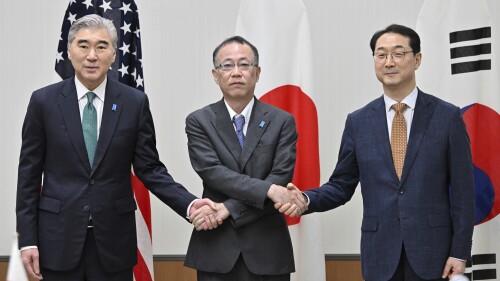 From left, U.S. Special Representative for North Korea Sung Kim, Japan's Ministry of Foreign Affairs Director General for Asian and Oceanian Affairs Takehiro Funakoshi, and South Korea's Special Representative for Korean Peninsula Peace and Security Affairs Kim Gunn pose prior to their talks on the North Korean situation in Karuizawa, Nagano prefecture, Japan Thursday, July 20, 2023. (Kazuhiro Nogi/Pool Photo via AP)