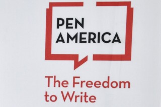 FILE - A logo is displayed at the PEN America Literary Awards on Thursday, March 2, 2023, in New York. Several authors have turned down awards and awards nominations from PEN America for this year's ceremony, citing unhappiness with the literary and free expression organization's stance on the war in Gaza. (Photo by Evan Agostini/Invision/AP, File)