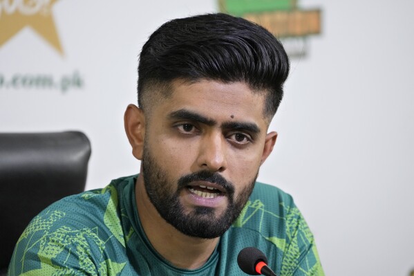 Pakistan's cricket team skipper Babar Azam speaks during a press conference regarding up coming Twenty20 series against Ireland, England and T20 World Cup, in Lahore, Pakistan, Monday, May 6, 2024. (AP Photo/K.M. Chaudary)