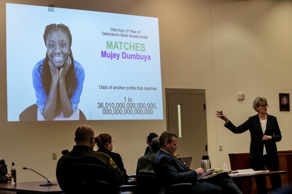 FILE - Assistant Kent County Prosecutor Kellee Koncki makes her closing argument in front of a projected photo of Mujey Dumbuya during the murder trial in Grand Rapids, Mich., on Wednesday, Feb. 27, 2019. Gerald Bennett, 63, of Detroit, awaiting trial for kidnapping Mujey Dumbuya, a 16-year-old western Michigan girl who later was slain, has died from medical complications. (Cory Morse/The Grand Rapids Press via AP)