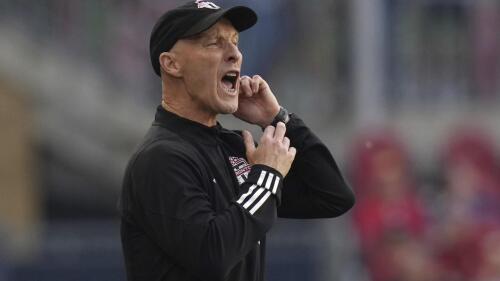 Toronto FC Head Coach Bob Bradley yells to his team on the touch line during an MLS soccer game against Nashviulle SC in Toronto, on Saturday, June 10, 2023. (Chris Young/The Canadian Press via AP)