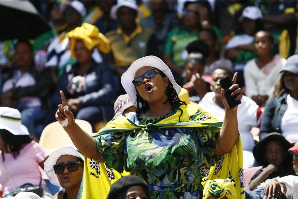 African National Congress (ANC) Party supporters react as the African National Congress party celebrate its 111th anniversary, at the Dr Molemela stadium, in Mangaung, South Africa, Sunday, Jan 8 2023. South Africa’s ruling African National Congress party on Sunday marked its 111th anniversary with celebratory events in Mangaung, Free State province, where the organization was founded in 1912. (AP Photo)