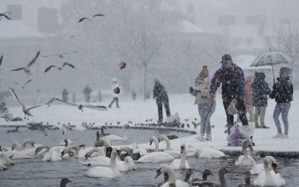 A man feeds the birds at the Round pond in Kensington Gardens as snow falls in London, Sunday, Jan. 24, 2021. (AP Photo/Alastair Grant)
