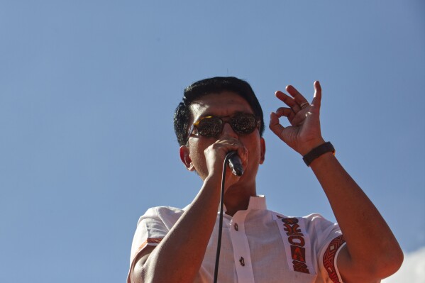 President, Andry Rajoelina, addresses supporters at an election rally in Antananarivo, Sunday Nov. 12, 2023. Rajoelina is pushing ahead with a presidential election, Thursday, Nov. 16, that could give him a third term, even as opposition protests roil the country and the majority of candidates have announced a boycott. (AP Photo/Alexander Joe)