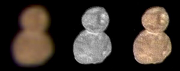 
              This image made available by NASA on Wednesday, Jan. 2, 2019 shows images with separate color and detail information, and a composited image of both, showing Ultima Thule, about 1 billion miles beyond Pluto. The New Horizons spacecraft encountered it on Tuesday, Jan. 1, 2019. (NASA via AP)
            