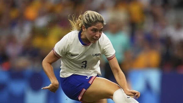 United States' Korbin Albert scores her side's second goal during a women's Group B soccer match between Australia and the United States, at the Marseille Stadium, at the 2024 Summer Olympics, Wednesday, July 31, 2024, in Marseille, France. (AP Photo/Daniel Cole)
