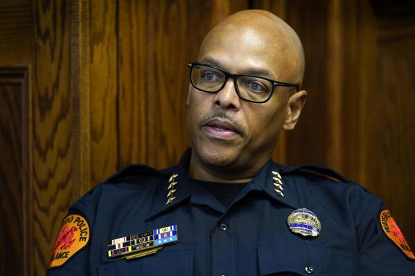 Waterloo Police Chief Joel Fitzgerald speaks during an interview with The Associated Press, Tuesday, Sept. 7, 2021, in Waterloo, Iowa. Fitzgerald, the first Black police chief in Waterloo, is facing intense opposition from some current and former officers as he works with city leaders to reform the department, including the removal of its longtime insignia that resembles a Ku Klux Klan dragon. (AP Photo/Charlie Neibergall)