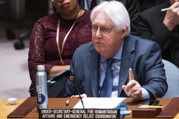 FILE - Under-Secretary-General for Humanitarian Affairs and Emergency Relief Coordinator Martin Griffiths speaks during a UN Security Council meeting, July 21, 2023, at the United Nations headquarters. Facing “a severe and ominous funding crisis,” the United Nations is targeting fewer people and seeking less money in its 2024 global humanitarian appeal launched Monday, Dec. 11. Griffiths said needs have escalated but the U.N. has reduced the appeal because the U.N. received just over one-third of the $57 billion it sought to held 245 million people this year. (AP Photo/Eduardo Munoz Alvarez, File)